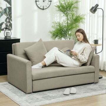 Homcom 2 Seater Sofa Bed, Convertible Bed Settee, Modern Fabric Loveseat Sofa Couch With 2 Cushions, Hidden Storage For Living Room, Guest Room, Light Brown