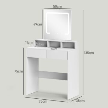 Homcom Dressing Table With Mirror And Led Lights, Vanity Table With 2 Drawers, 3 Compartments, 3 Colour Lighting, For Bedroom, Modern Dresser Makeup Desk For Women And Girls, White