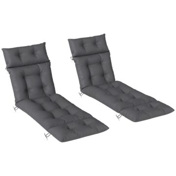 Outsunny Sun Lounger Cushions Only, 190x56x10cm Garden Lounge Chair Cushions Set Of 2, Upf20+ 220gsm Fabric, Thick Sunbed Replacement Cushions With 6 Ties, Dark Grey