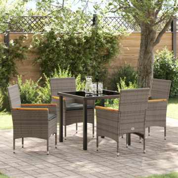 Vidaxl 5 Piece Garden Dining Set With Cushions Grey Poly Rattan, Vidaxl Garden Table Black 80x80x73 Cm Tempered Glass