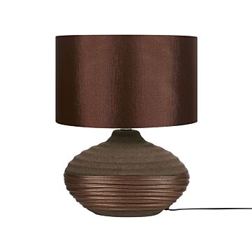 Table Lamp Brown Ceramic Base Faux Silk Drum Shade Bedside Table Lamp Beliani