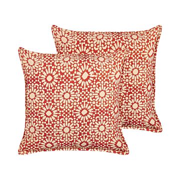 Decorative Cushions Red Cream Cotton Geometric Pattern 45 X 45 Cm Folk Design Decor Accessories Beliani