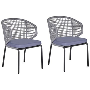 Set Of 2 Garden Chairs Grey Cushions Black Metal Frame Outdoor Bistro Beliani