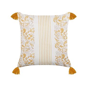 Scatter Cushion Yellow And White 45 X 45 Cm Hand Block Print Removable Covers Zipper Floral Pattern Beliani