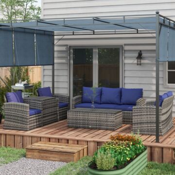 Outsunny 6 Pieces Rattan Garden Furniture Set, 7 Seater Wicker Outdoor Furniture Set With Storage Tea Table & Side Table, Sectional Garden Sofa Set With Cushions, Navy Blue