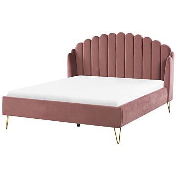 Bed Frame Pink Velvet Upholstery Eu King Size 5ft3 Metal Legs Retro Design Chanell Shell Headboard Beliani
