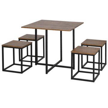Homcom 5 Pcs Industrial Table & Stool Set W/ Metal Frame Home Dining Stylish Square Compact Seating Chair Beautiful Cool Black Brown