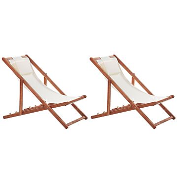 Set Of 2 Folding Deck Chairs Dark Acacia Wood With Off-white 2 Replacement Fabrics With Trendy Pattern Fabric Seat Headrest Cushion Reclining Folding Beliani