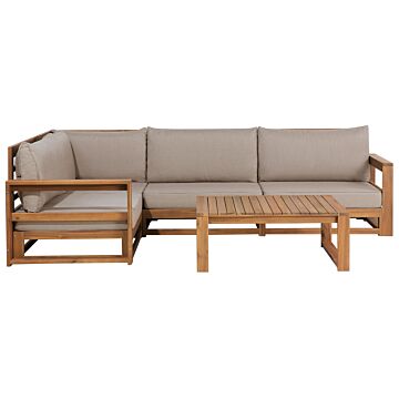 Corner Sofa Garden Modular Set Light Acacia Wood Taupe Cushions Modern Outdoor 5 Seater With Coffee Table Beliani