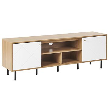 Tv Stand Light Wood White Particle Board Metal 160 X 56 X 40 Cm For A Tv Up To 70ʺ 2 Doors 3 Shelves Black Legs Scandinavian Design Living Room Beliani
