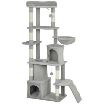Pawhut 170 Cm Large Cat Tree, Cat Tower With 7 Scratching Posts, Tunnel, 2 Condos, Hammock, Perch, Ramp, Pompoms, Light Grey