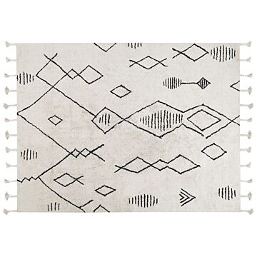 Rug Off-white Black Cotton 160 X 230 Cm Geometric Pattern Runes Tribal Tassels Oriental Beliani