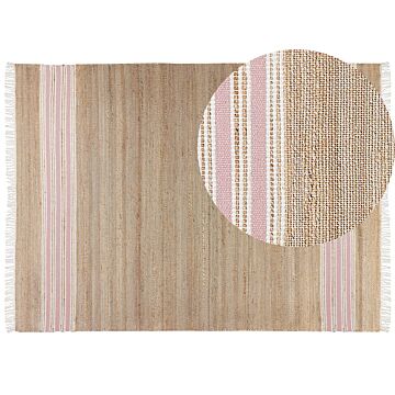 Area Rug Beige And Pastel Pink Jute 160 X 230 Cm Rectangular Dhurrie With Tassels Striped Pattern Handwoven Boho Style Hallway Beliani