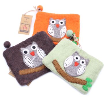 Natural Felt Zipper Pouch - Owl On Branch - Assorted