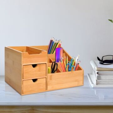 Homcom Organiser Holder Multi-function Storage Caddy Drawers Home Office Stationary Supplies 7 Storage Compartments And 2 Drawers Natural Wood
