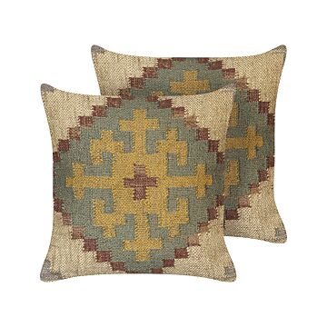Set Of 2 Scatter Cushions Multicolour Jute And Wool 45 X 45 Cm Oriental Pattern Kilim Style Washed Out Earth Colours Beliani