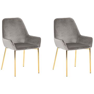 Set Of 2 Dining Chairs Grey Velvet Upholstery Gold Legs Retro Glamour Beliani