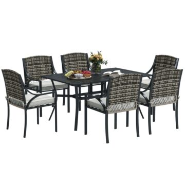 Outsunny Rattan Garden Furniture Set With Cushions, 6 Seater Rattan Dining Set With 6 Armchairs, 150 X 96cm Rectangular Table, Umbrella Hole, For Outdoor, Patio, Balcony, Terrace, Conservatory