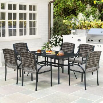 Outsunny Rattan Garden Furniture Set With Cushions, 6 Seater Rattan Dining Set With 6 Armchairs, 150 X 96cm Rectangular Table, Umbrella Hole, For Outdoor, Patio, Balcony, Terrace, Conservatory