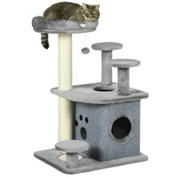 Pawhut 92cm Cat Tree For Indoor Cats With Scratching Posts, Cat Tower With House, Bed, Perches, Scratching Mat, Toy, Grey