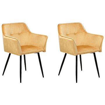 Set Of 2 Dining Chairs Yellow Velvet Upholstered Seat With Armrests Black Metal Legs Beliani