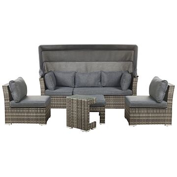 Outdoor Garden Set Grey Dark Brown Pe Rattan Sofa With Canopy Chairs And Side Table Modern Design Beliani