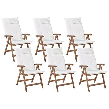 Set Of 6 Garden Chair Dark Acacia Wood Natural With Off-white Cushions Adjustable Foldable Outdoor With Armrests Country Rustic Style Beliani