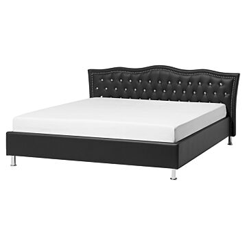 Eu King Size Bed Black Faux Leather 5ft3 Upholstered Frame Nailhead Trim Crystal Buttons Headrest Beliani