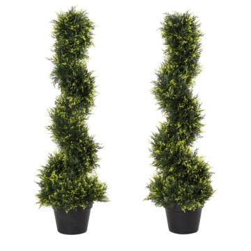 Outsunny Set Of 2 Artificial Tree 90cm/3ft Artificial Spiral Topiary Trees W/ Pot Fake Indoor Outdoor Greenery Plant Home Office Garden Décor Green