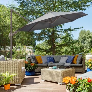 Outsunny 3(m) Cantilever Parasol 360° Rotation Roma Umbrella Hanging Sun Shade With Aluminum Frame, Tilt Crank, 8 Ribs And Cross Base, Dark Grey