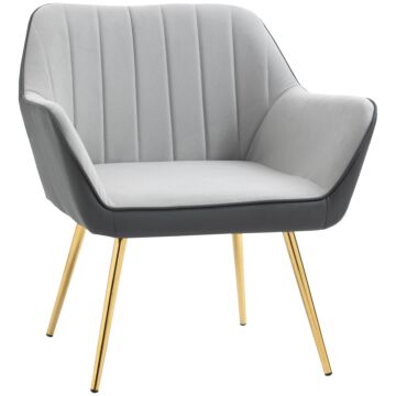 Homcom Modern Velvet Armchairs With Gold Steel Legs, Upholstered Accent Chairs For Living Room And Bedroom, Light Grey