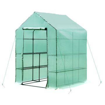 Outsunny Walk In Garden Greenhouse With Shelves Polytunnel Steeple Green House Grow House Removable Cover 143x143x195cm, Green