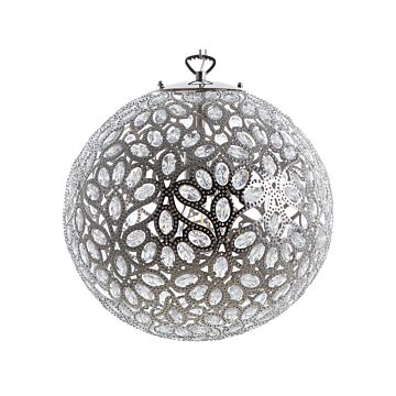 Ceiling Lamp Silver Metal 90 Cm Pendant Floral Shade Crystals Oriental Boho Beliani