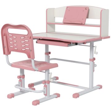 Zonekiz Height Adjustable Kids Study Table And Chair Set, With Drawer, Storage Shelf, 80 X 54.5 X 104 Cm, Pink