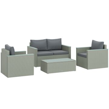 Outsunny 4 Piece Rattan Garden Furniture Set, 4 Seater Wicker Outdoor Sofa Set With 2 Armchairs, Loveseat, Acacia Wood Top Coffee Table, Cushions, Patio Conservatory Set For Balcony, Light Grey