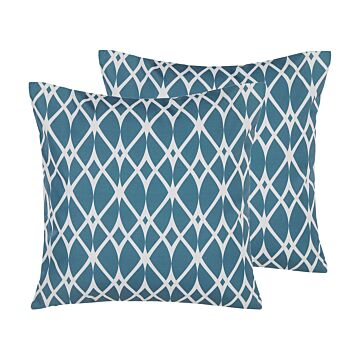 Set Of 2 Garden Cushions Blue Polyester Geometric Pattern 45 X 45 Cm Modern Decor Accessories Water Resistant Beliani