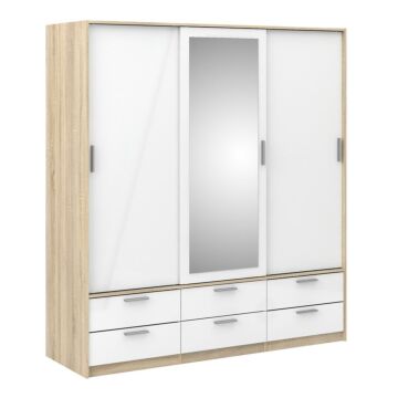 Line Wardrobe - 3 Doors 6 Drawers In Oak With White High Gloss