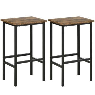 Homcom Industrial Set Of 2 Bar Chairs With Footrest, Counter Height Bar Stools For Dining Area Home Pub Rustic, Brown
