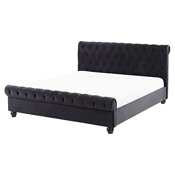 Bed Frame Black Velvet Upholstery Black Wooden Legs King Size 5ft3 Buttoned