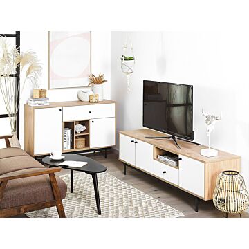 Tv Stand Light Wood With White For Up To 75ʺ Tv Engineered Wood With Drawer Cabinets And Shelves Cable Management Beliani