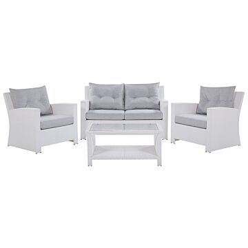 Garden Sofa Set White Faux Rattan Grey Cushions Outdoor Wicker Conversation Set Beliani
