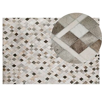Area Rug Carpet Grey And Beige Leather Chequered 140 X 200 Cm Rustic Modern Beliani