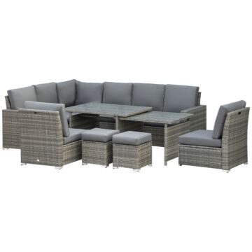 Outsunny 7 Piece Rattan Garden Furniture Set, 10-seater Sofa Sectional With Cushioned Sofa Seat, Footstools And Expandable Glass Table For Yard Grey