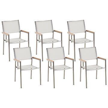 Set Of 6 Garden Dining Chairs White And Silver Textile Seat Stainless Steel Legs Stackable Outdoor Resistances Beliani