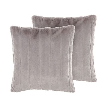 Set Of 2 Throw Cushions Grey Polyester 45 X 45 Cm Glam Embossed Zipper Furry Living Room Bedroom Beliani