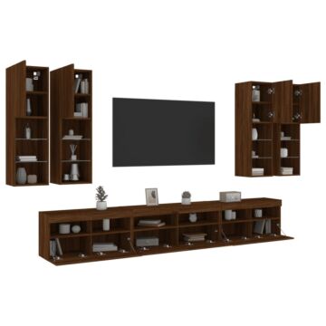 Vidaxl 7 Piece Tv Wall Cabinet Set With Led Lights Brown Oak