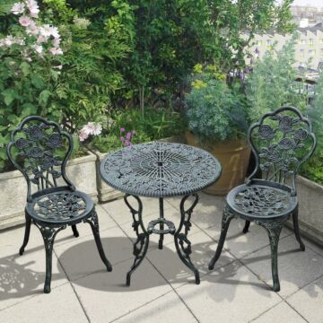 Outsunny Cast Aluminium Outdoor Patio Garden Bistro Elegant Design Table Chair Set - Green (3-piece)