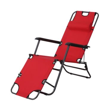 Outsunny 2 In 1 Sun Lounger Folding Reclining Chair Garden Outdoor Camping Adjustable Back With Pillow (red)