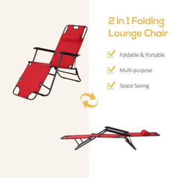 Outsunny 2 In 1 Sun Lounger Folding Reclining Chair Garden Outdoor Camping Adjustable Back With Pillow (red)