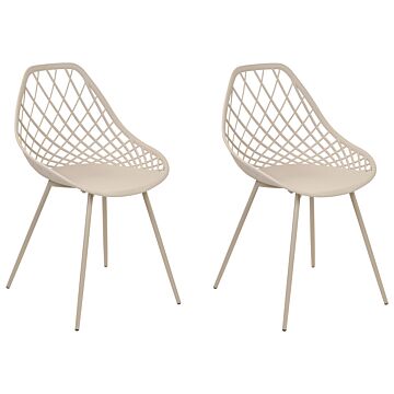 Set Of 2 Dining Chairs Beige Synthetic Seat Metal Legs Net Design Backrest Modern Scandinavian Beliani